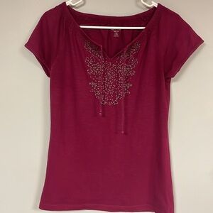 Eddie Bauer Embroidered T-Shirt/ top with ties, Womens' XS, Plum, short sleeve
